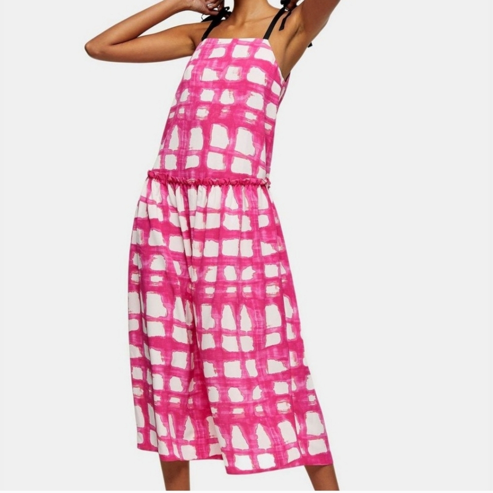 ♤♤ Topshop Pink and White Abstract Check Pattern Drop Waist Dress Size 6 NWT
